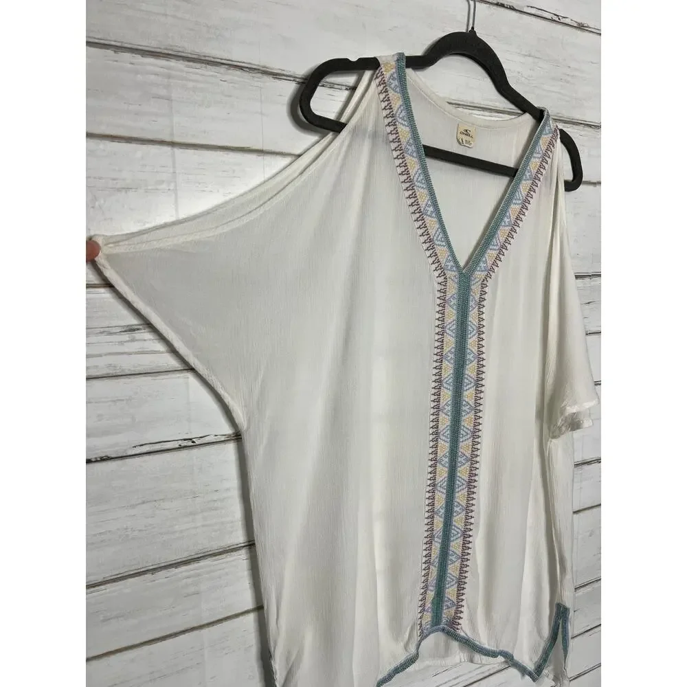 O’Neill Boho Tunic Top Small Ivory Embroidered V Neck Flowy Beach Cover Up